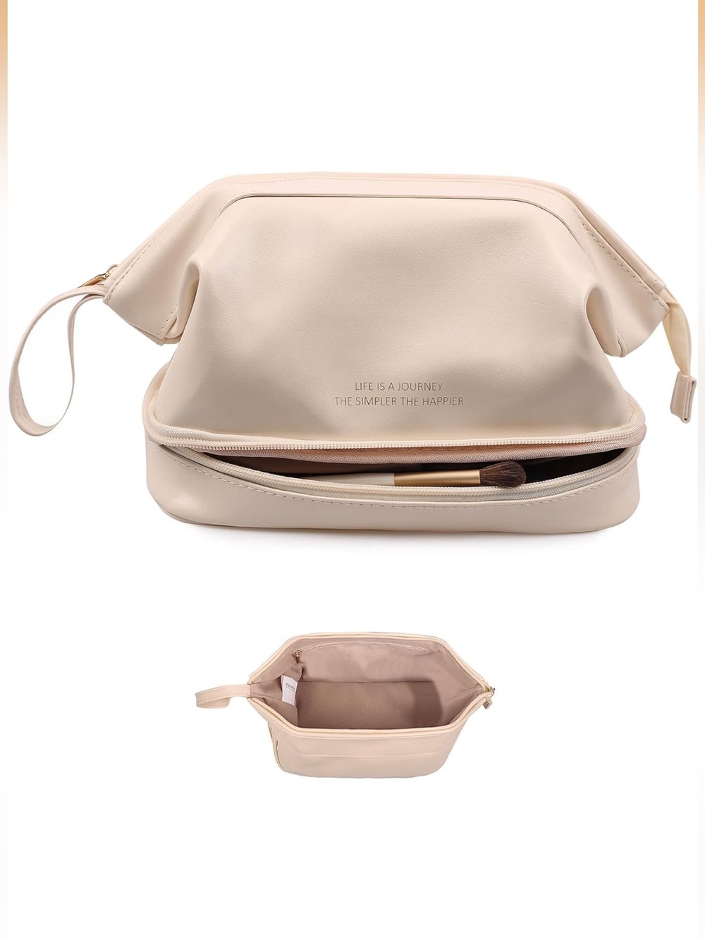 Beige Travel Cosmetic Bag with Double-Zip Compartments
